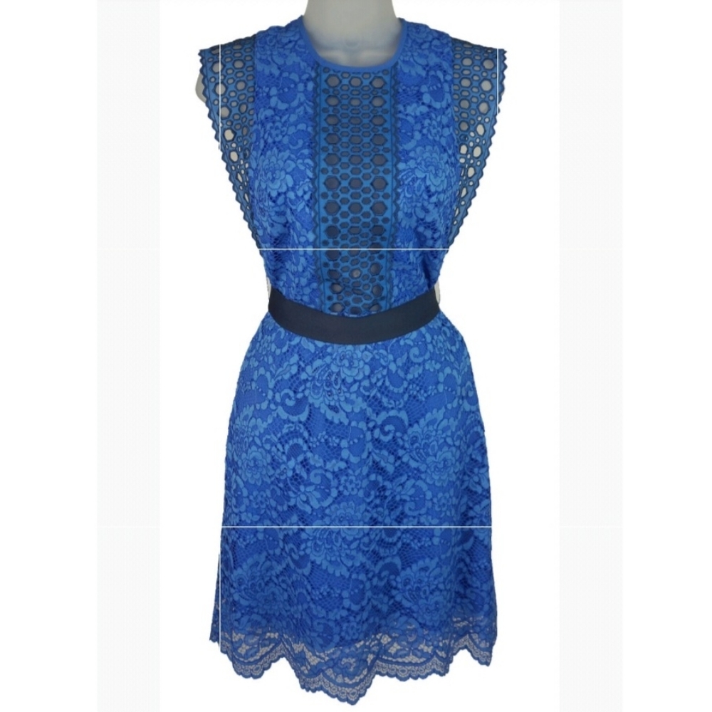 Sandro Blue Floral Lace Overlay Sleeveless Eyelet Belts Sheath Dress (36)